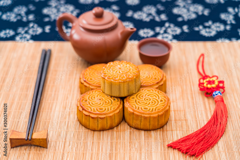 Chinese Mid-Autumn Festival gourmet bean paste moon cakes placed in a tray