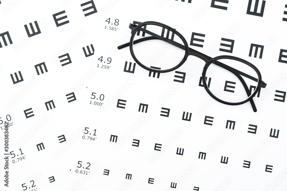 Black glasses on the eye chart with concept of vision protection