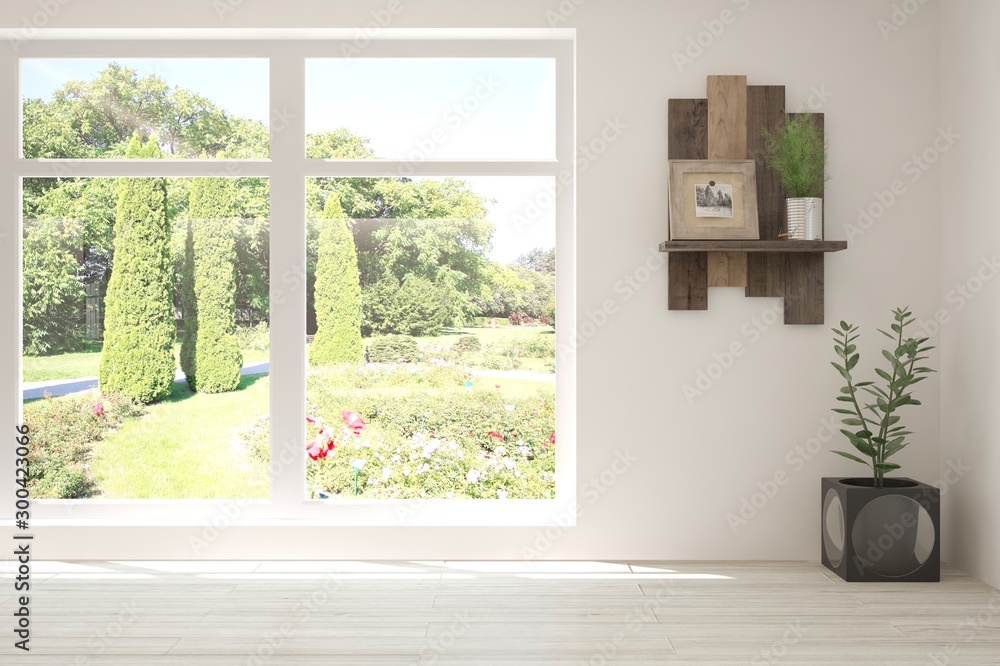 Stylish empty room in white color with summer landscape in window. Scandinavian interior design. 3D 