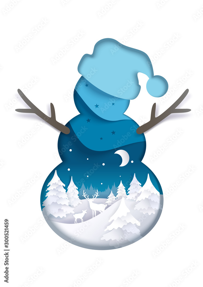 Double exposure vector layered paper cut snowman