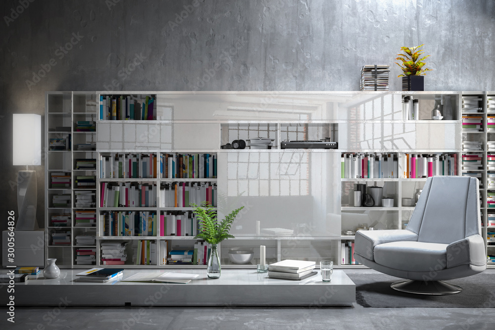 Modern Furnishing Presentation with a Bookshelf (detail) - 3d visualization