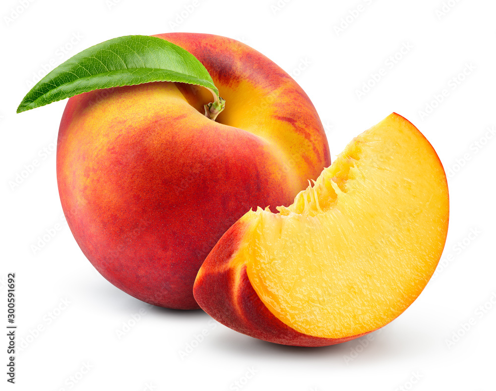 Peach isolate. Peach slice. Peach with leaf on white background. Full depth of field. With clipping 