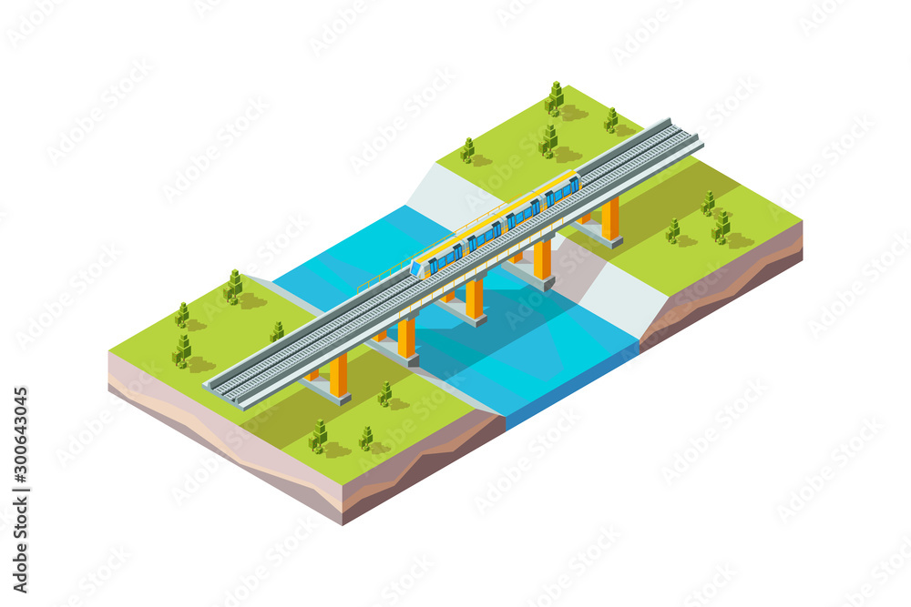 铁路高架桥。河上城市列车。现代城市基础设施铁路矢量等距。铁路