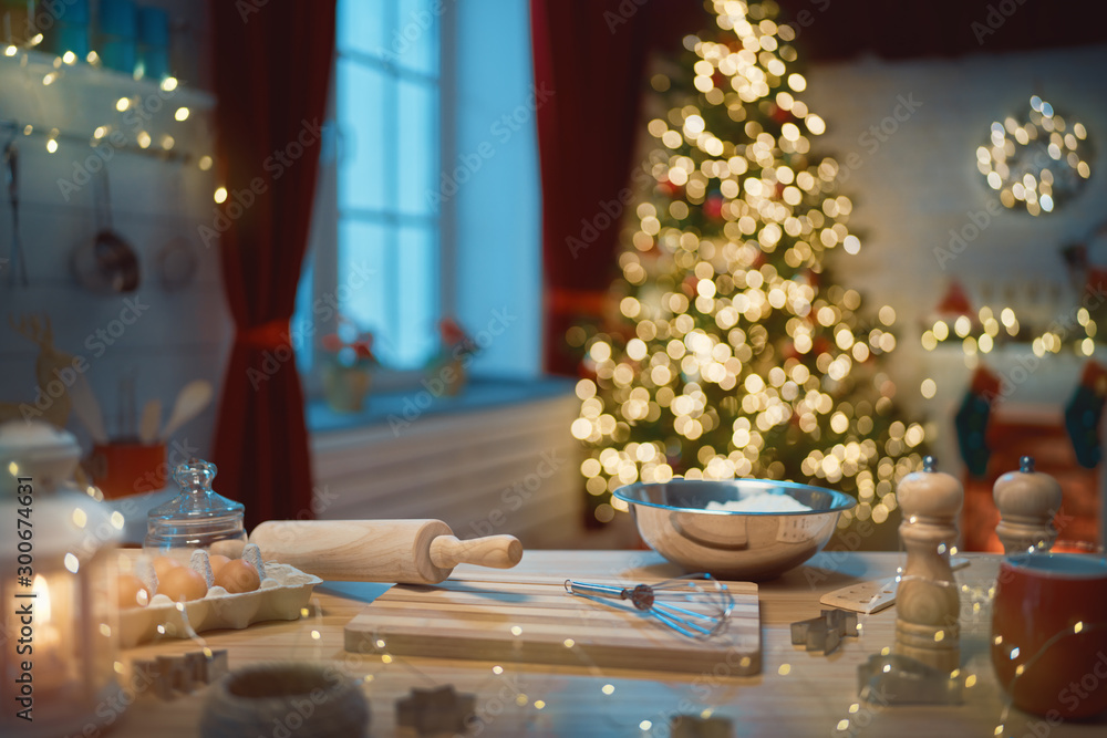 kitchen  decorated for holidays.