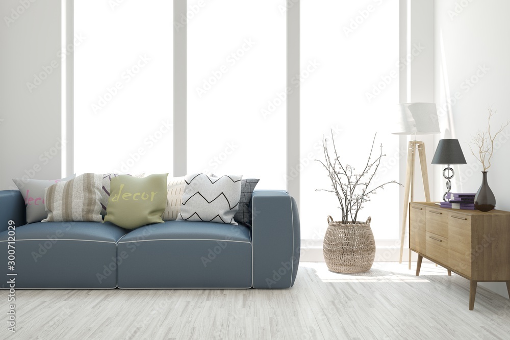 Stylish room in white color with sofa. Scandinavian interior design. 3D illustration