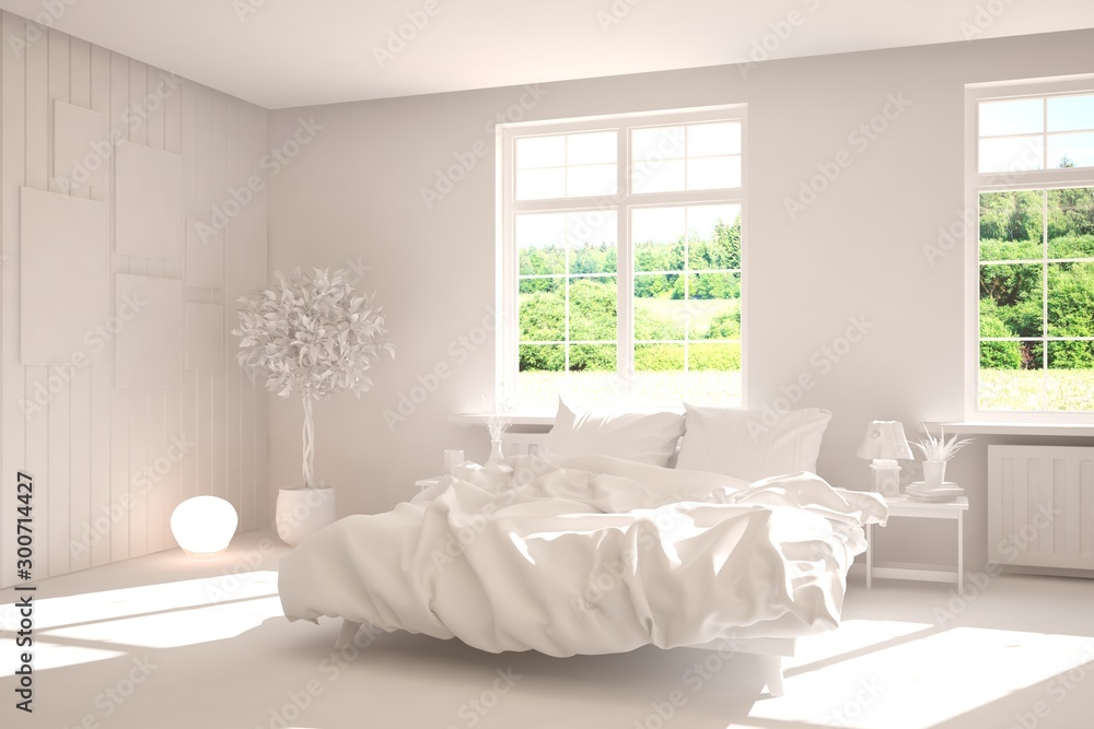 Stylish bedroom in white color with smmer landscape in window. Scandinavian interior design. 3D illu