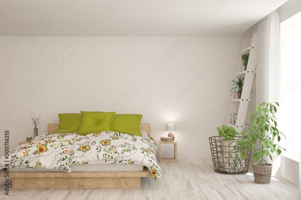 Stylish bedroom in white color. Scandinavian interior design. 3D illustration