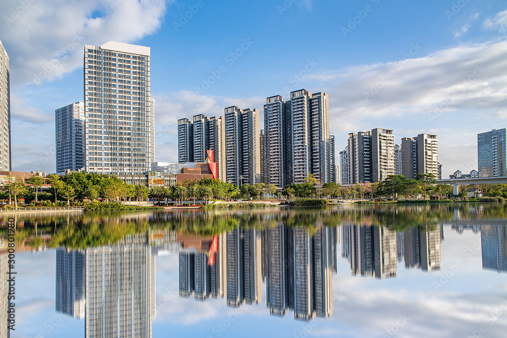 中国广州南沙区蕉门河商业中心天际线