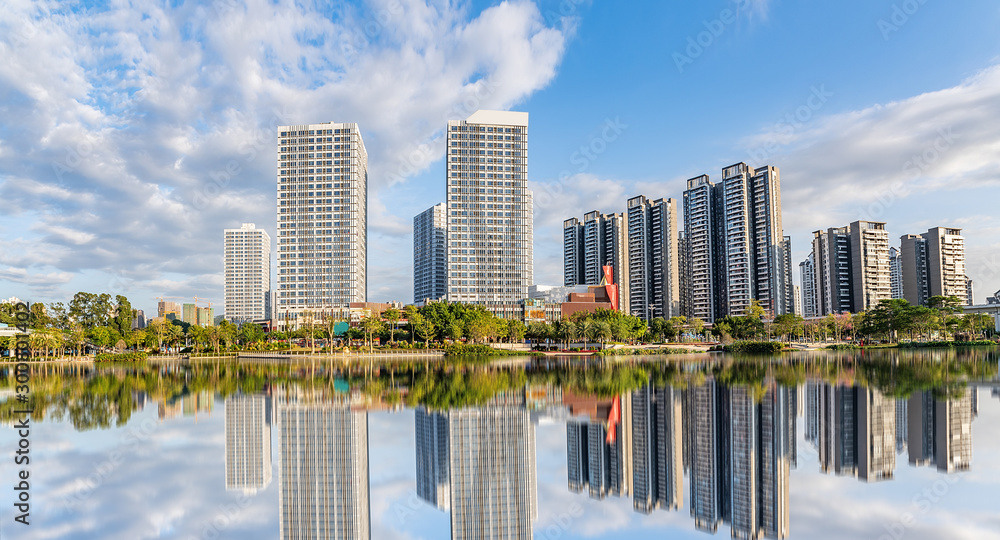 中国广州南沙区蕉门河滨江风光全景