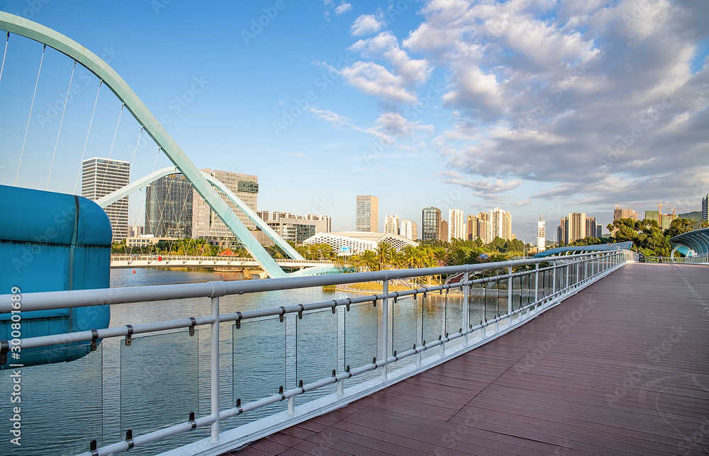 Nansha CBD Building and Jiaomen Bridge scenery in Guangzhou, China