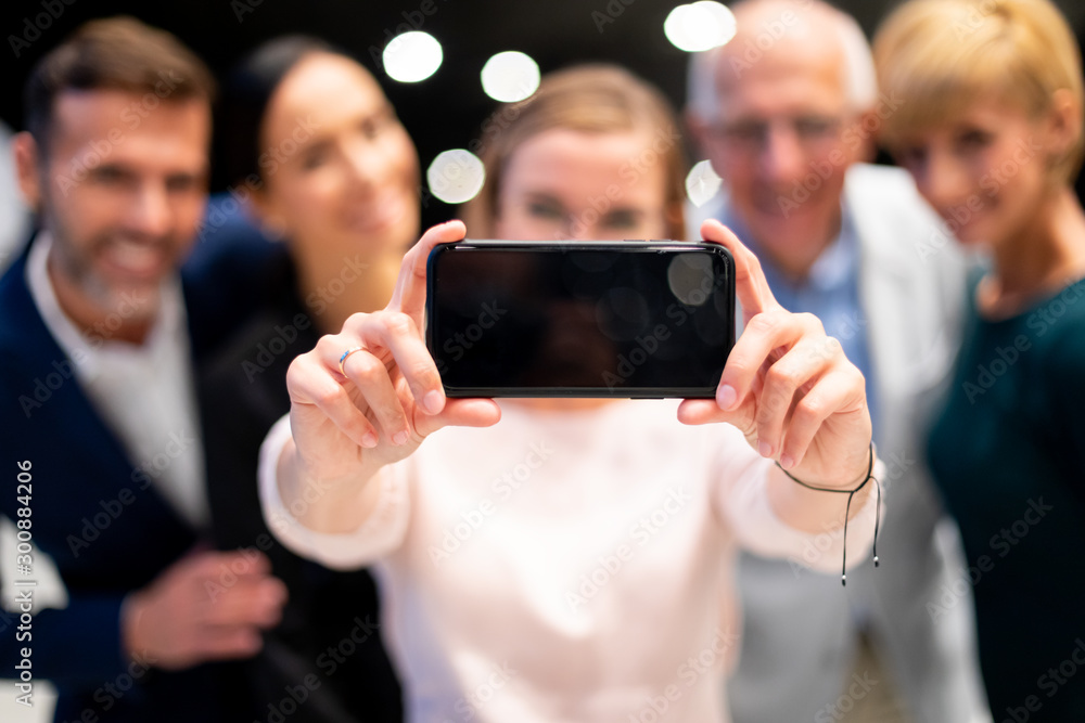 Business people team selfie photo at conference hall