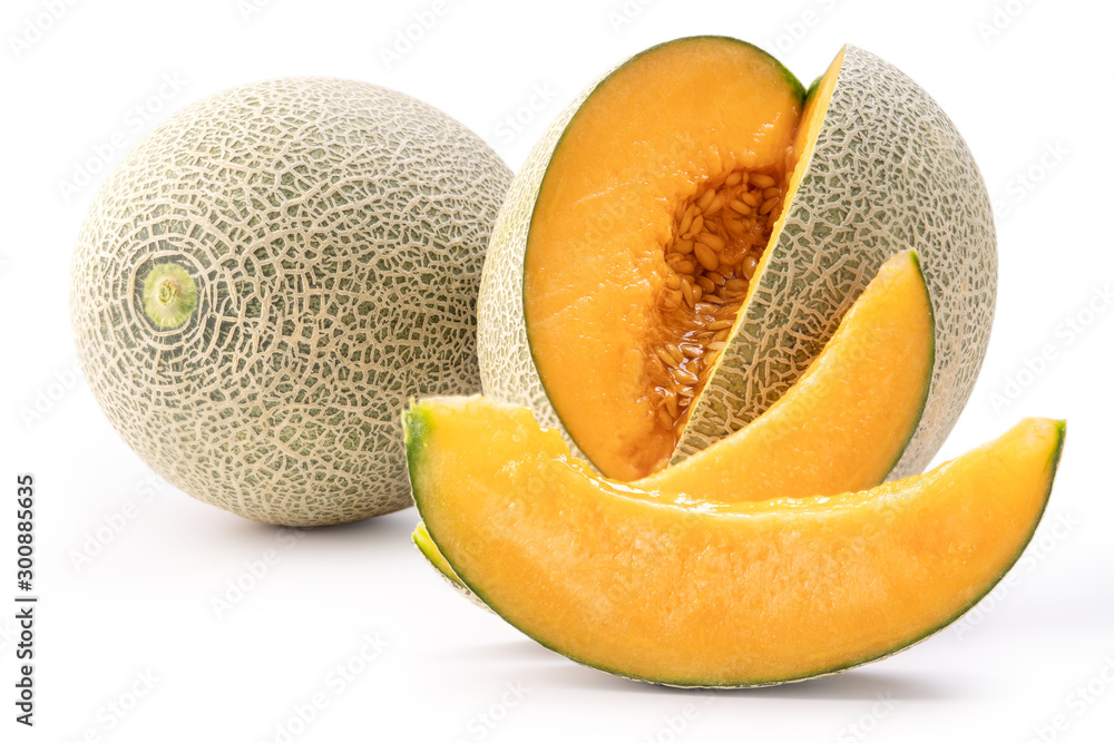 Beautiful tasty sliced juicy cantaloupe melon, muskmelon, rock melon isolated on white background, c