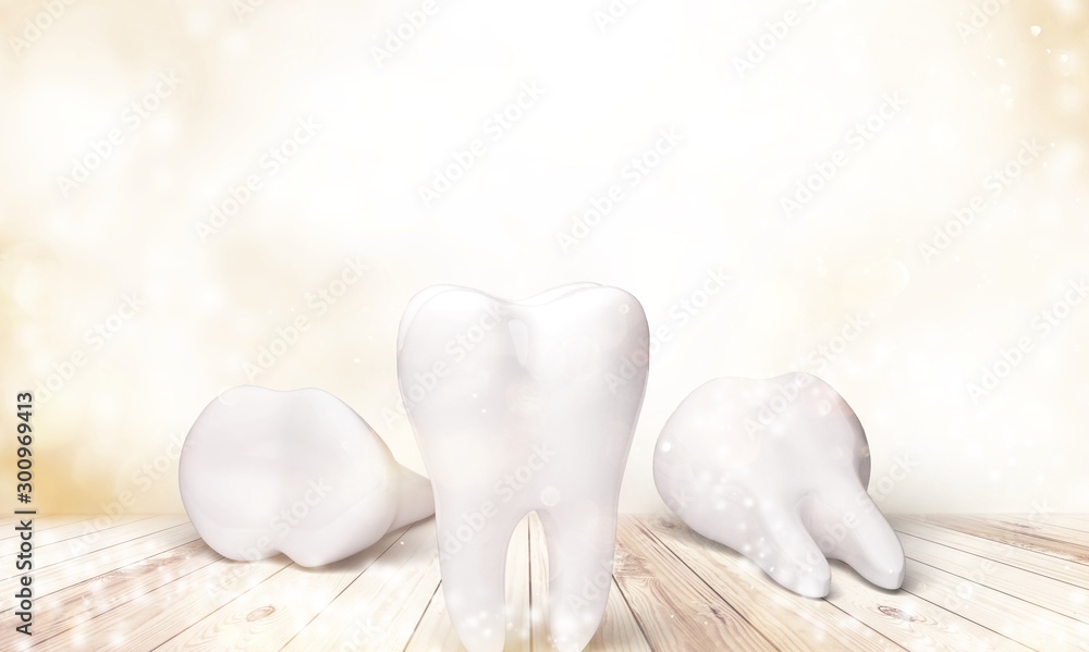 Big tooth on wooden table close-up