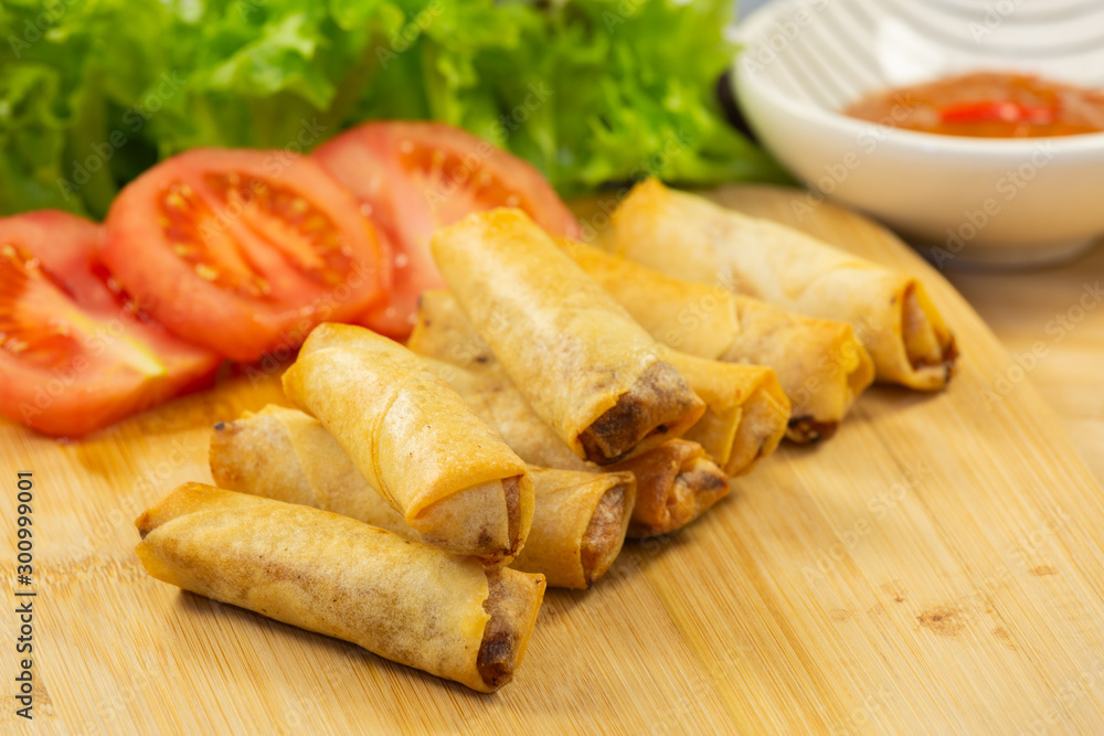 Thai food is spring rolls Thai style on salad background 