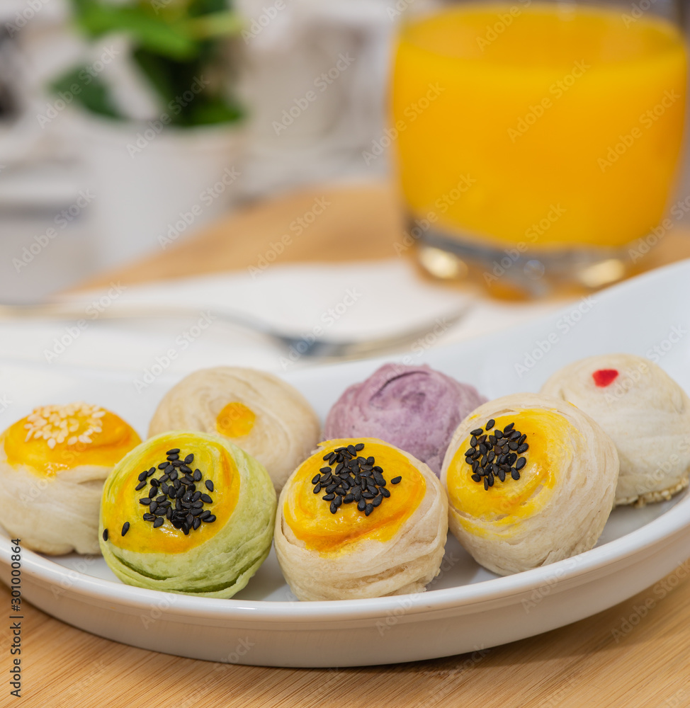 Dessert Mochi or Chinese pastry-bean cake with egg yolk.