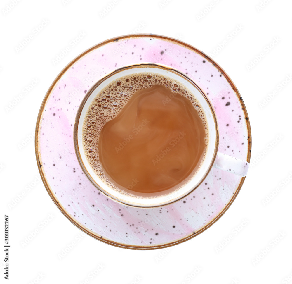 Cup of hot coffee on white background