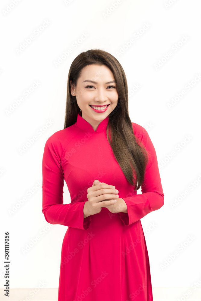 Tet beautiful happy smiley asia Vietnam girl wear ao dai with white background.Copy space isol（太美了，快