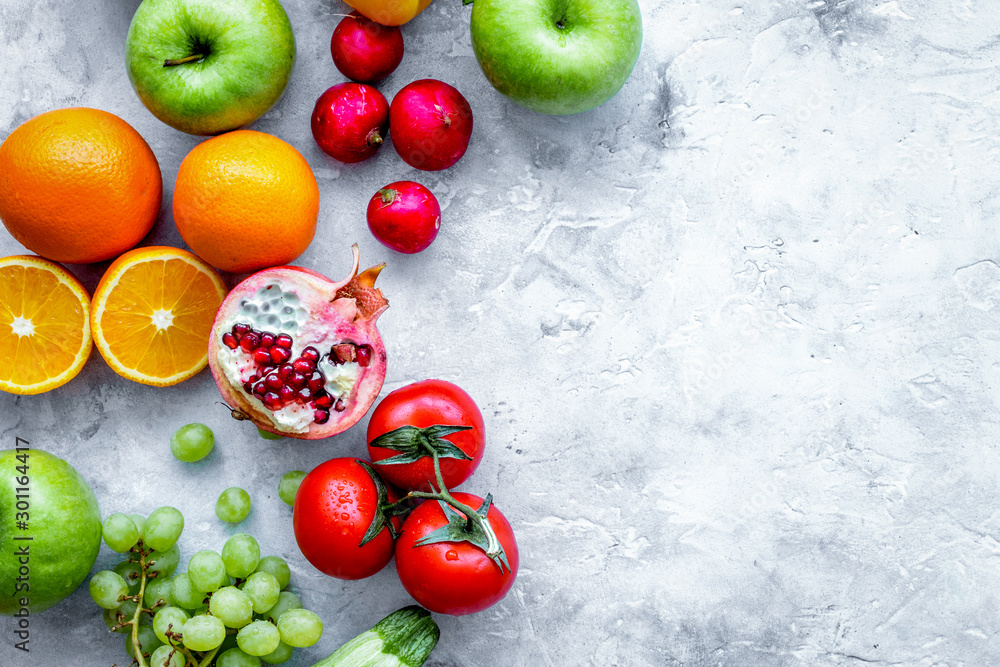 summer food with fresh fruits and vegetables top view space for text