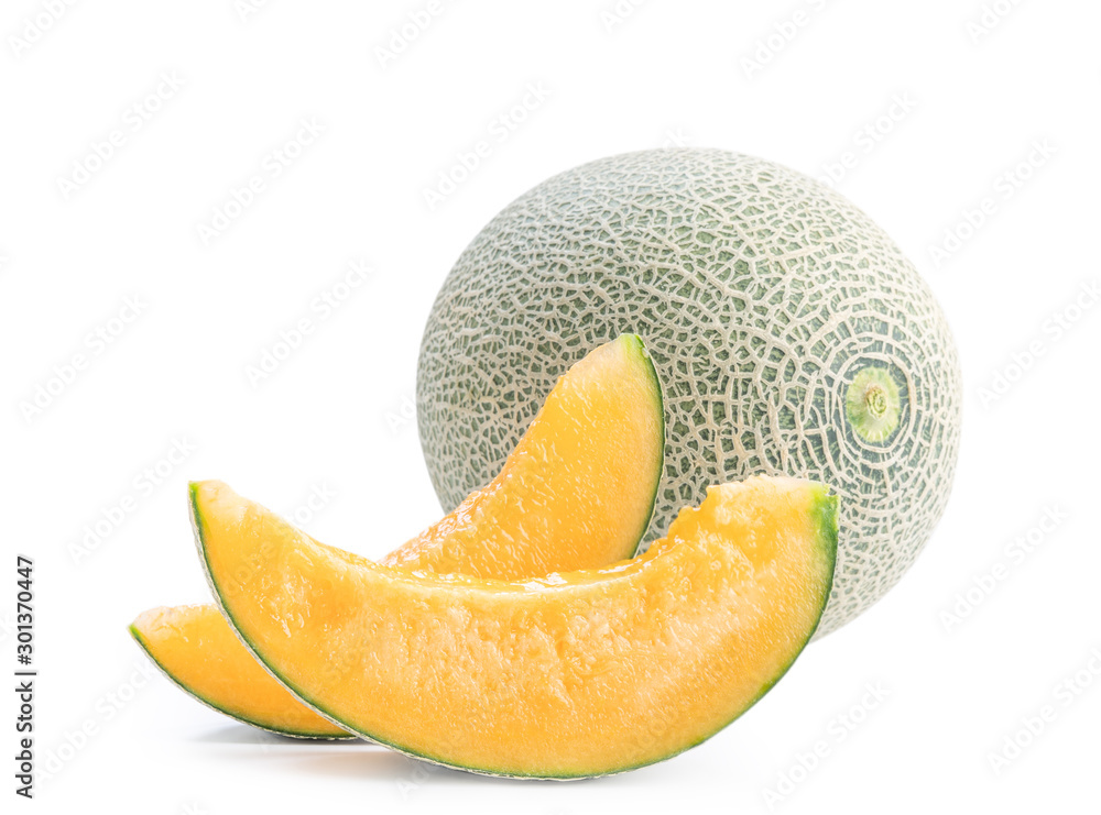 Beautiful tasty sliced juicy cantaloupe melon, muskmelon, rock melon isolated on white background, c