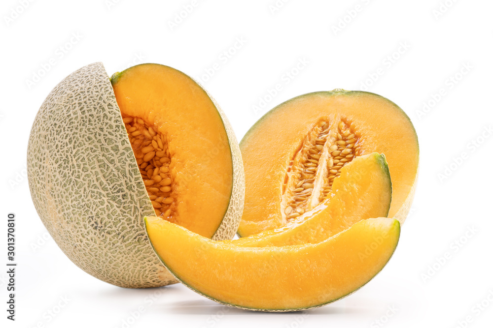 Beautiful tasty sliced juicy cantaloupe melon, muskmelon, rock melon isolated on white background, c