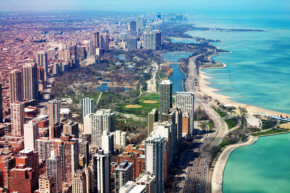 Chicago panorama on Concrete beach, i41 and lake