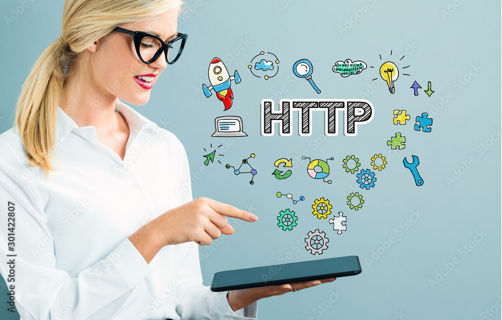 HTTP text with business woman using a tablet