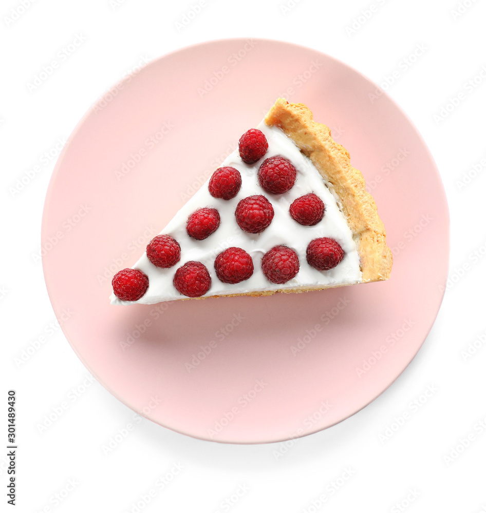 Plate with piece of tasty berry pie on white background