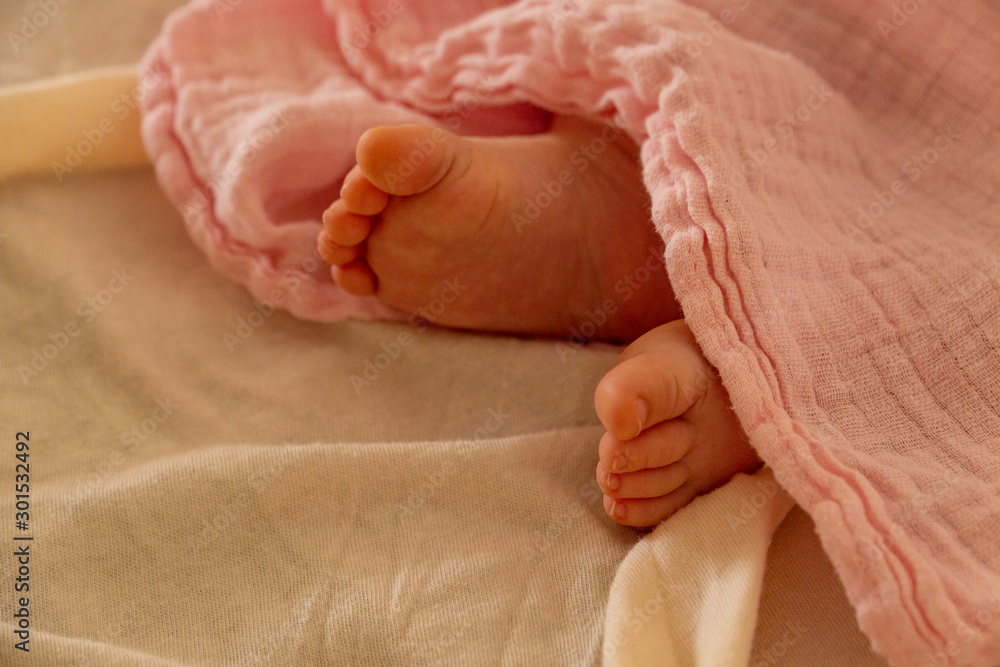 Close up of baby feet of a newborn under pink sheets - newborn concept