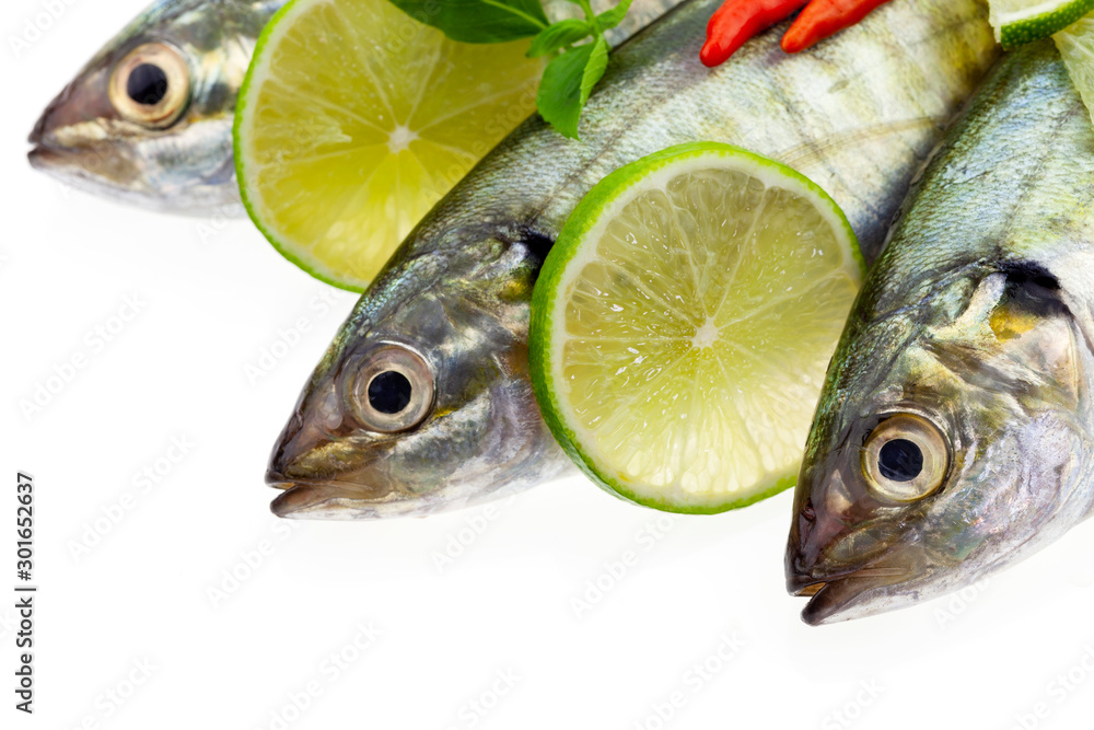 Fresh fish with lemon and leaf isolated on white background,concept cooking background