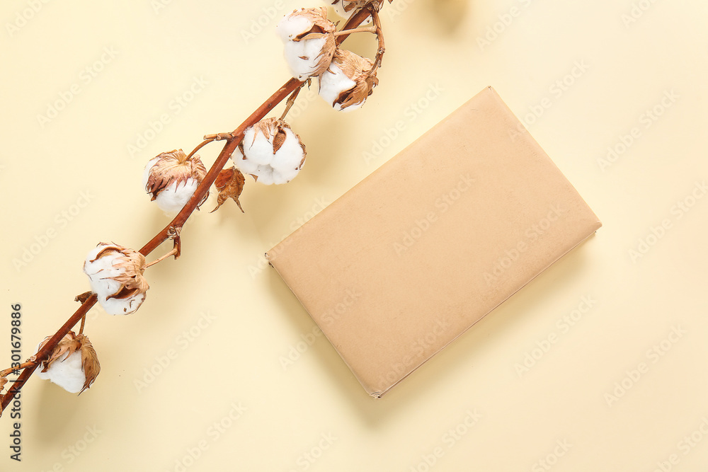 Beautiful cotton branch and book on color background