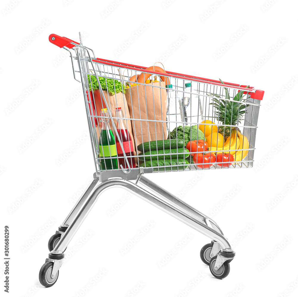 Shopping cart with products on white background