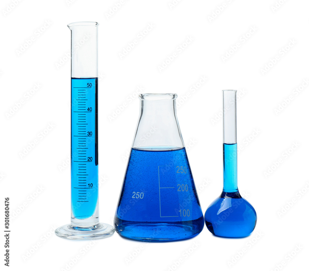 Chemical glassware with samples on white background