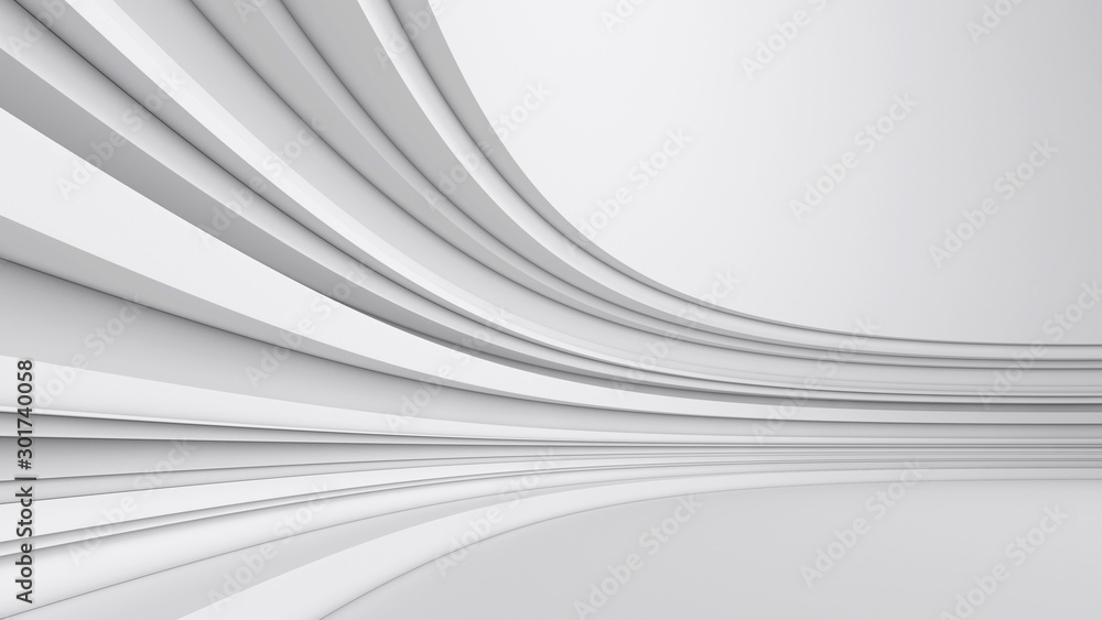 Curved wall with abstract geometry. White abstract architecture geometric background. 3d rendering