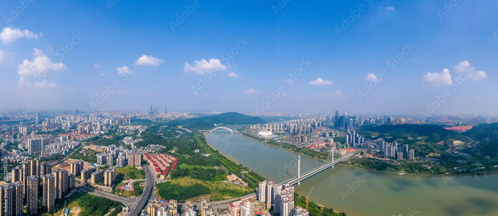 Aerial view of  Nanning city GuangXi province,china .Panoramic skyline and buildings beside Yongjian