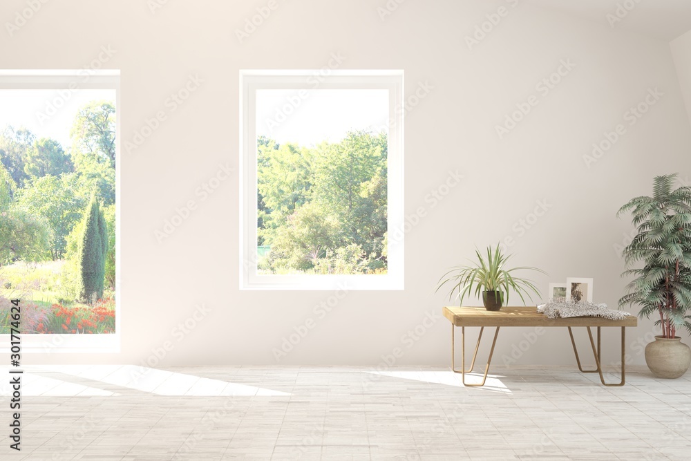 Stylish empty room in white color with summer landscape in window. Scandinavian interior design. 3D 