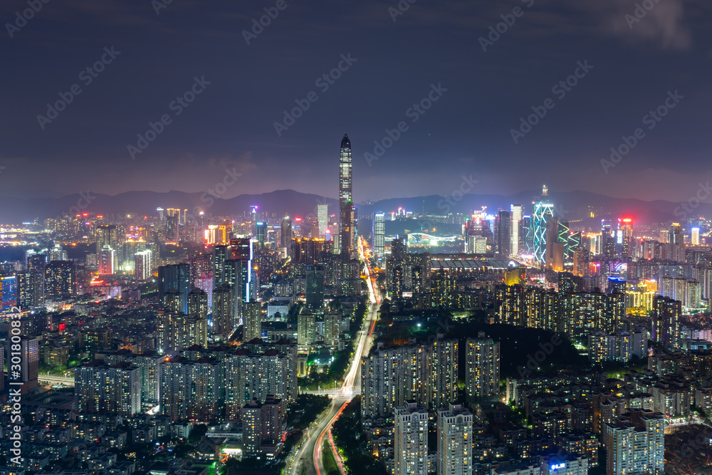 wide-angle night aerial view of Shenzhen financial district, Guangdong, China.Financial concept