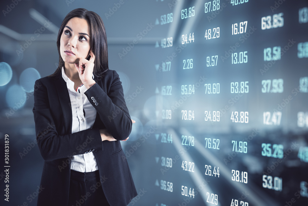 businesswoman with forex data hologram