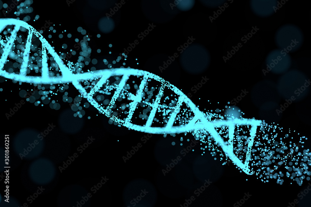 DNA particles and diffused glowing lines, 3d rendering.