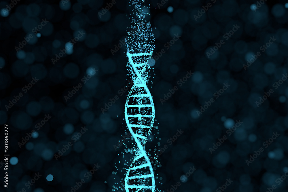 DNA particles and diffused glowing lines, 3d rendering.