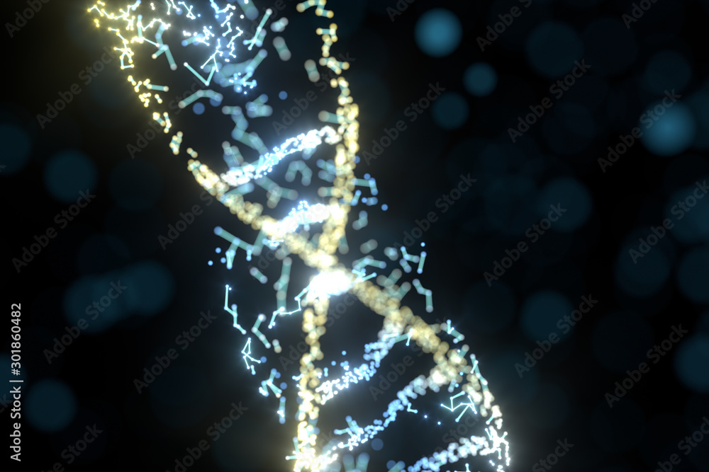 DNA粒子和漫射发光线，三维渲染。