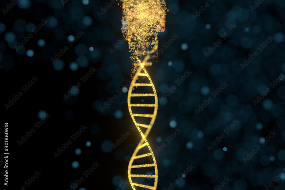 DNA粒子和漫射发光线，三维渲染。