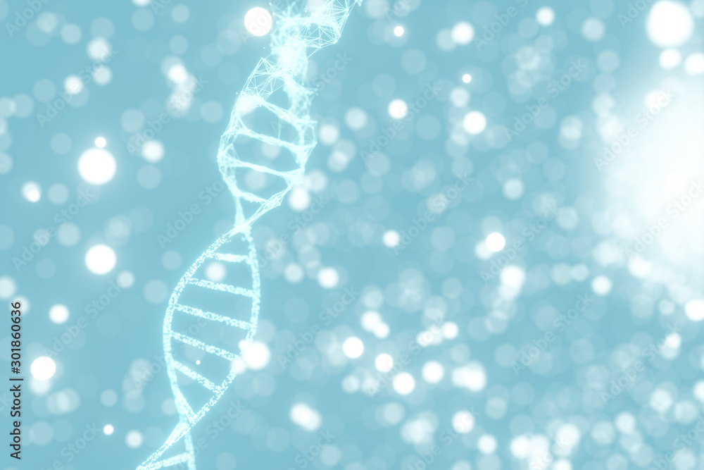 DNA particles and diffused glowing lines, 3d rendering.