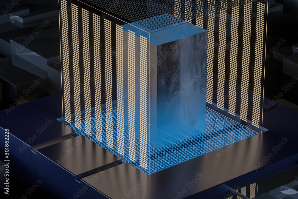 Blue and golden cube with glass material, 3d rendering.