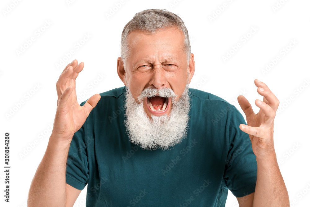 Angry mature man on white background