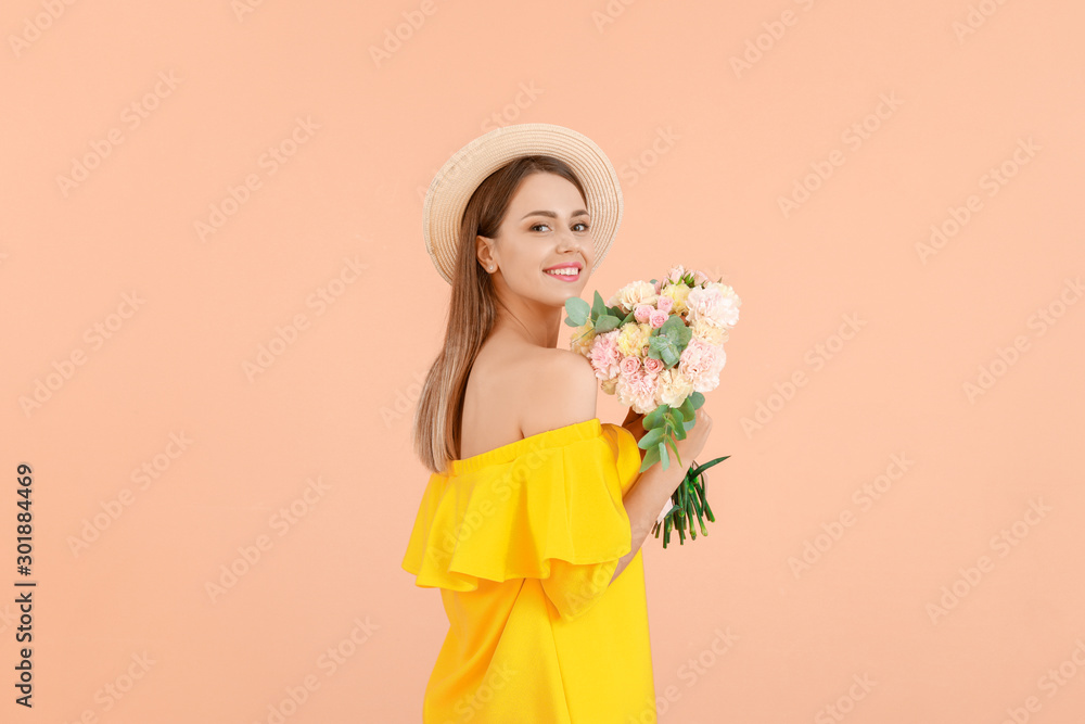 Beautiful young woman with bouquet of carnation flowers on color background