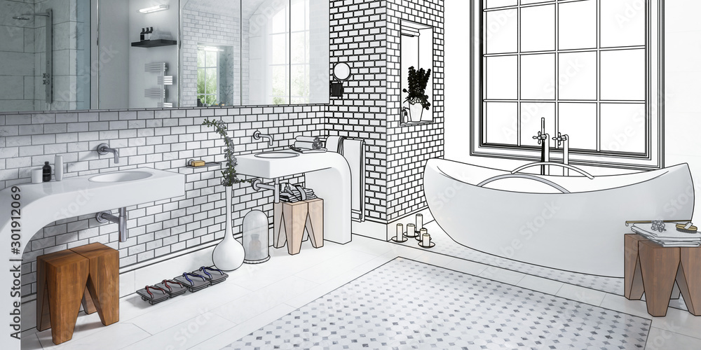 Draft of an old bathroom after renovation (panoramic) - 3d visualization