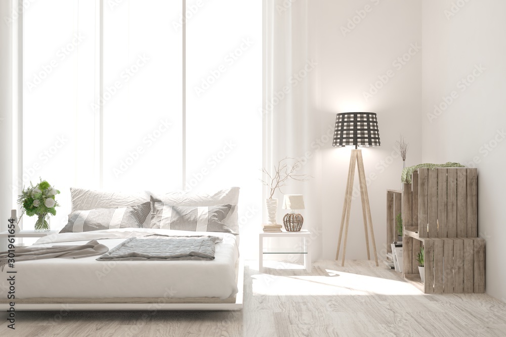 Stylish bedroom in white color. Scandinavian interior design. 3D illustration