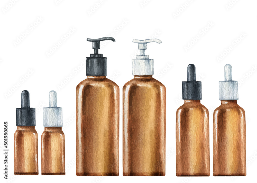 Watercolor set vector glass bottles for skin care products.