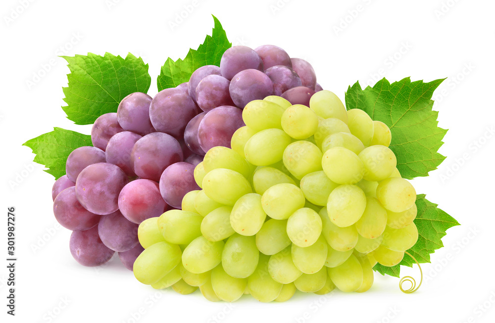 Isolated two grape varieties. Bunch of white and red grapes with leaves isolated on white background