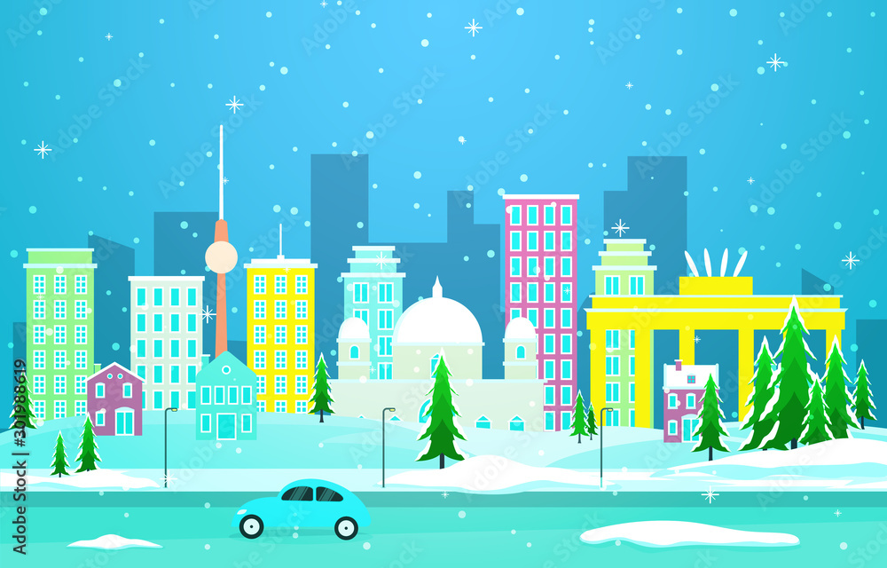 Winter Snow in Berlin City Cityscape Skyline Landmark Building Illustration